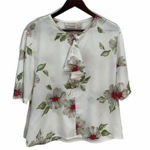 Vintage Beige Floral Short Sleeve Round Neck Top size large